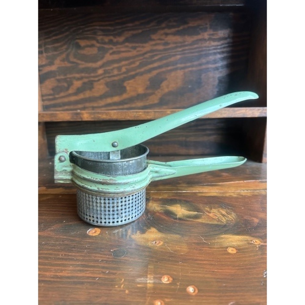Vintage Green Metal Potato Ricer Hand Press Made in USA Farmhouse Kitchen Tool